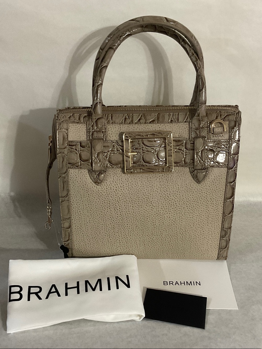 Brahmin Beige Croc-Trim Leather Satchel with Gold Hardware